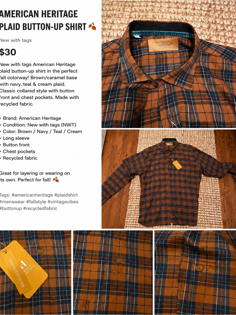 NWT American Heritage Brown Plaid Button-Down Shirt XL